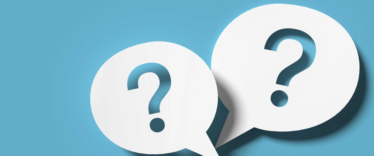 Image shows blue background with white speech bubbles containing question marks.