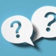Image shows blue background with white speech bubbles containing question marks.