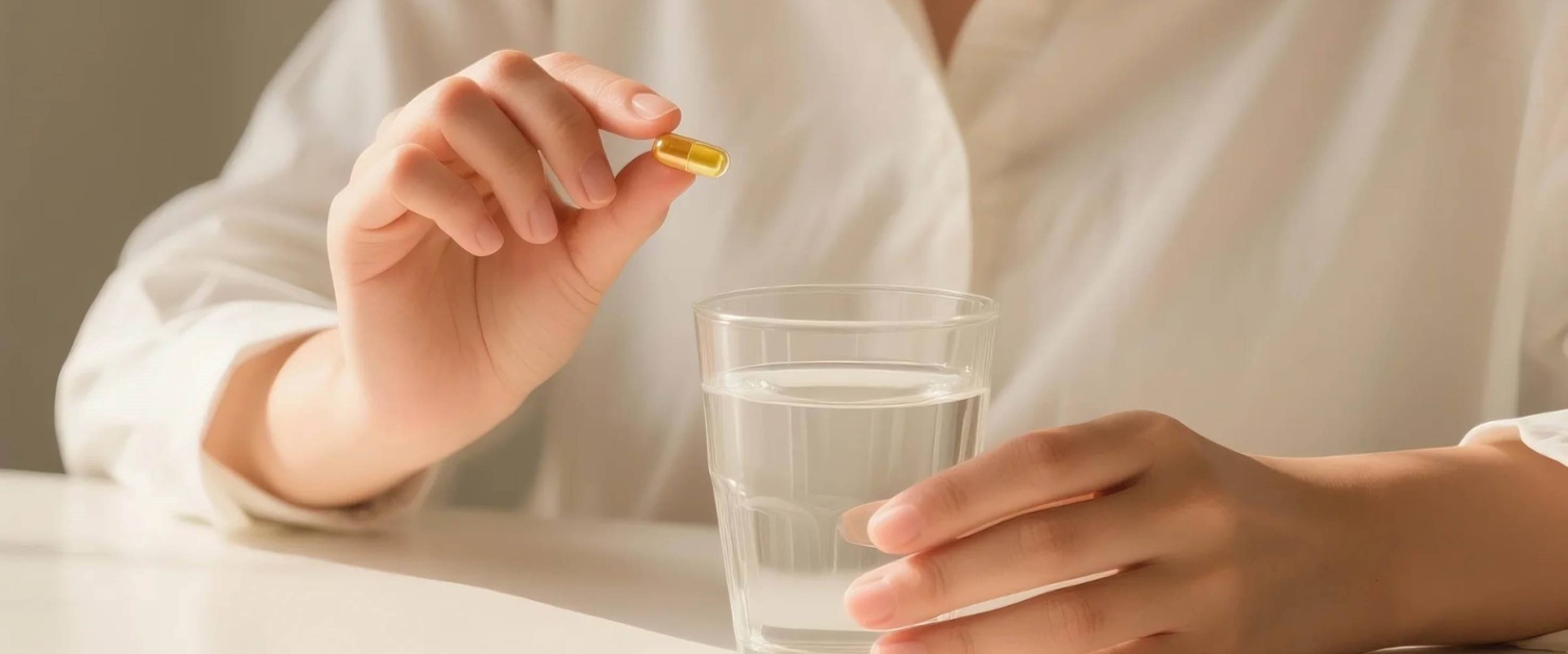 Image shows a person holding medication and a glass of water.