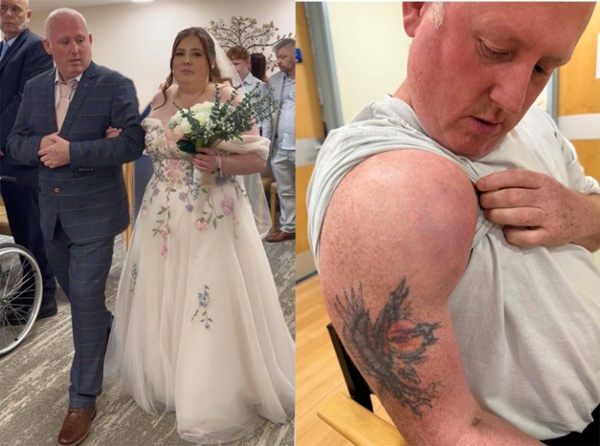 Mae delwedd gyfansawdd yn dangos dyn yn cerdded menyw i lawr yr eil, a lwmp mawr ar ei ysgwydd hefyd.