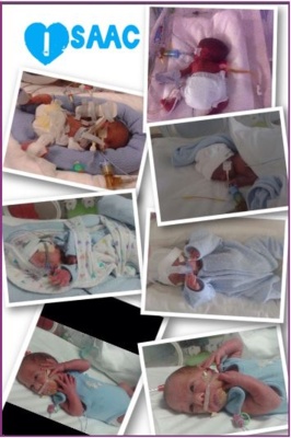 Collage ffotograff yn dangos delweddau babi Isaac.