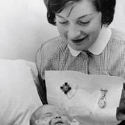 Elaine Hill, midwife with first baby born in B block on new maternity circa 1972, later became midwifery  - then now.jpg