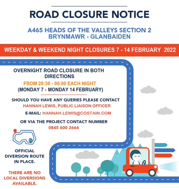 Overnight weekday and weekend closures A465 Brynmawr to Glanbaiden