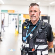 Security at the Grange - Security Officer Richard Lane welcomes staff and visitors 2, Doug Evens ABUHB.jpg