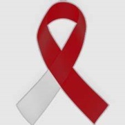 Graphic of the cancer ribbon symbol in red and grey on a lighter grey background