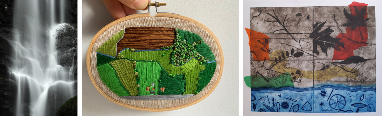 A photograph of Pistyll Rhaeadr by Stephen Thomas, an embroidery depicting countryside by Dr Nichola Norman, and a mixed media artwork by Joanna Waring
