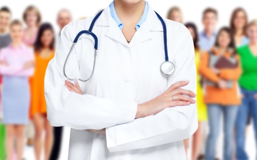 Close up of a doctor in a white lab coat with a stethoscope.