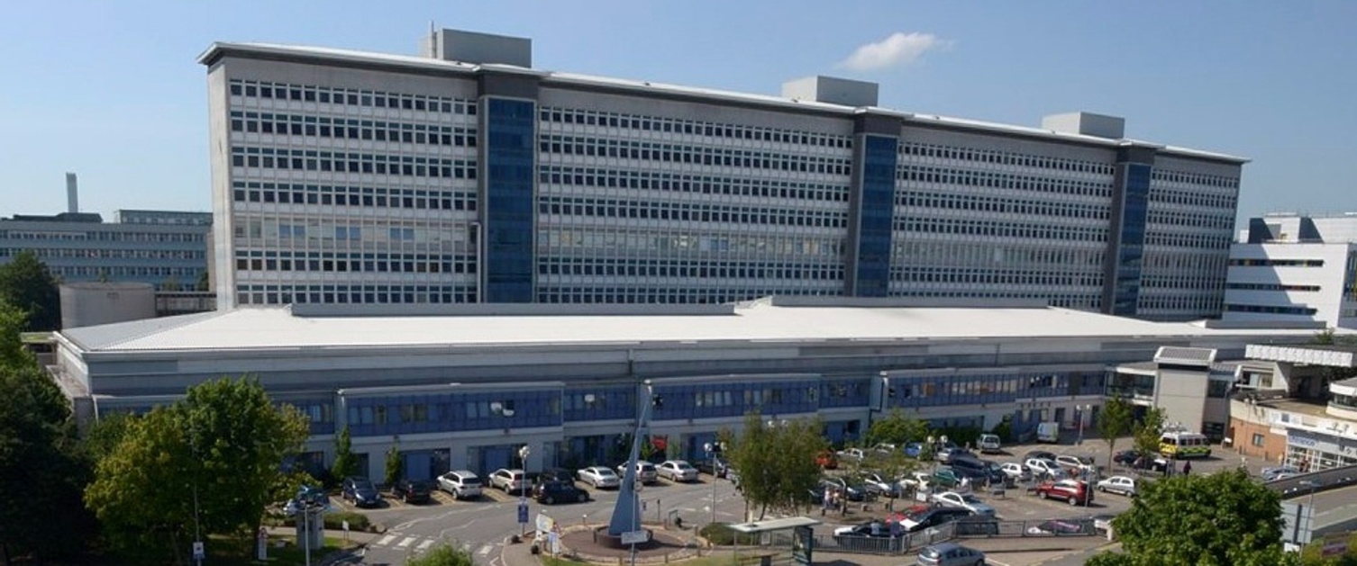 Image of the front of the university hospital of Wales Heath campus