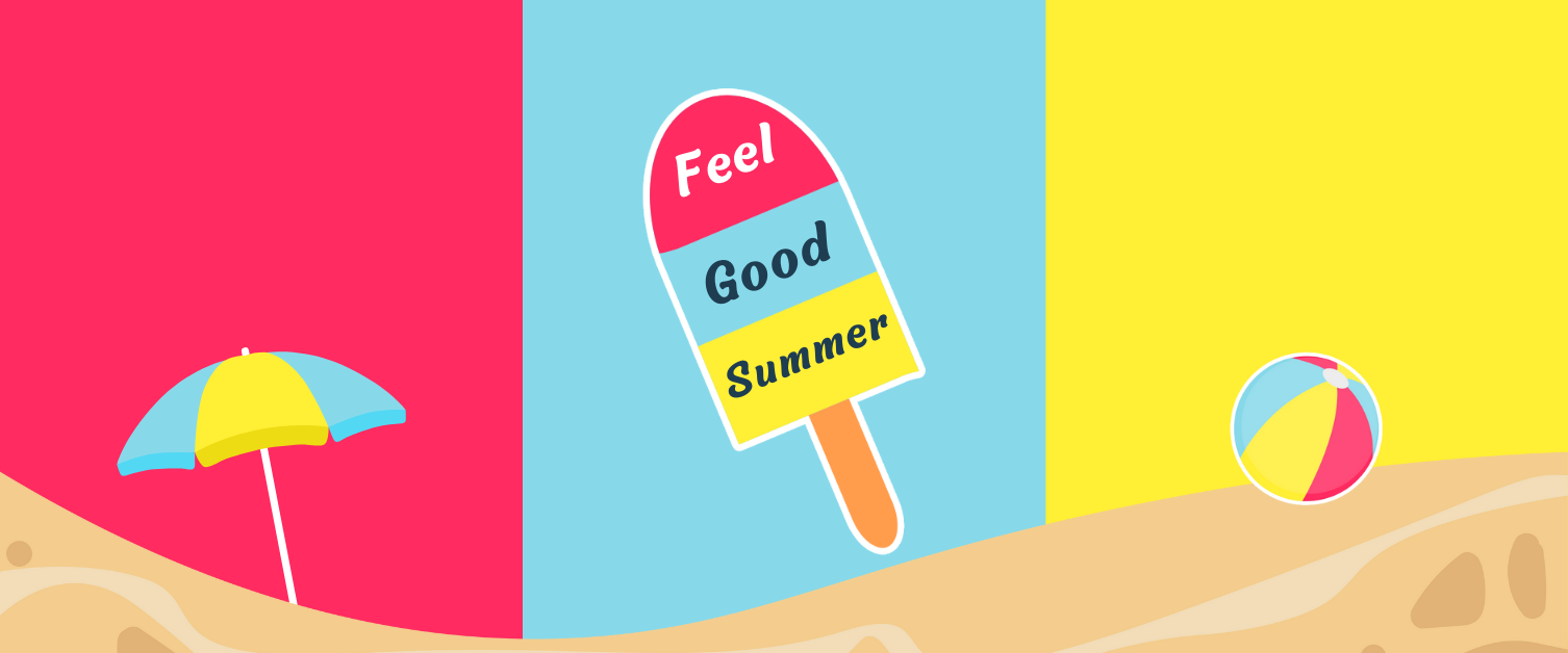 Feel good summer lollipop logo with a beachscape featuring a parasol and beach ball 