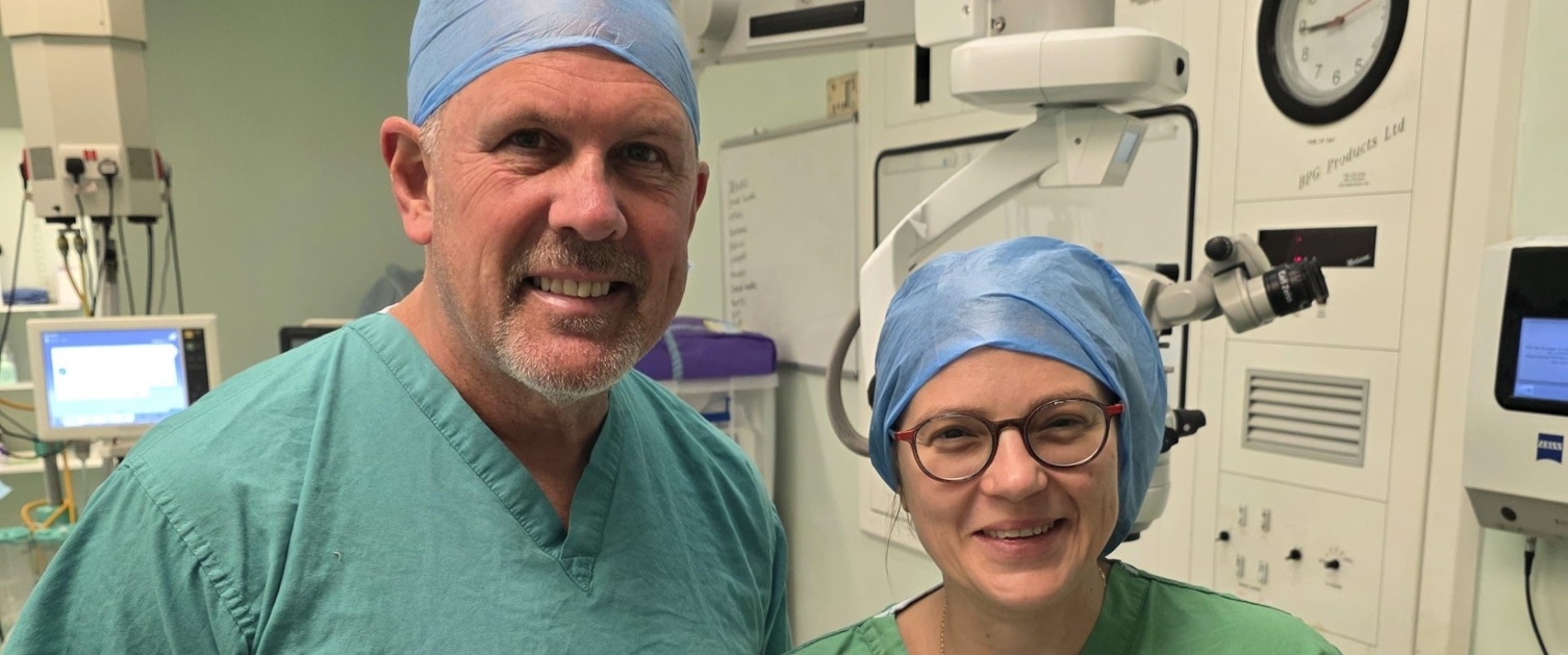 Magda Popiela photographed with Charles Homes, representative from the company which produces EndoArt, Eye-yon, who supported with the surgery.