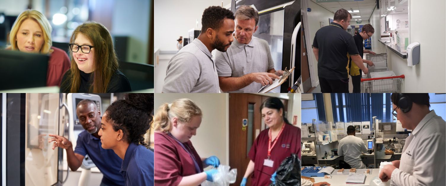 A photo collage of different individuals taking part in work experience. One individual works on a computer, another is watching an older colleague and learning.