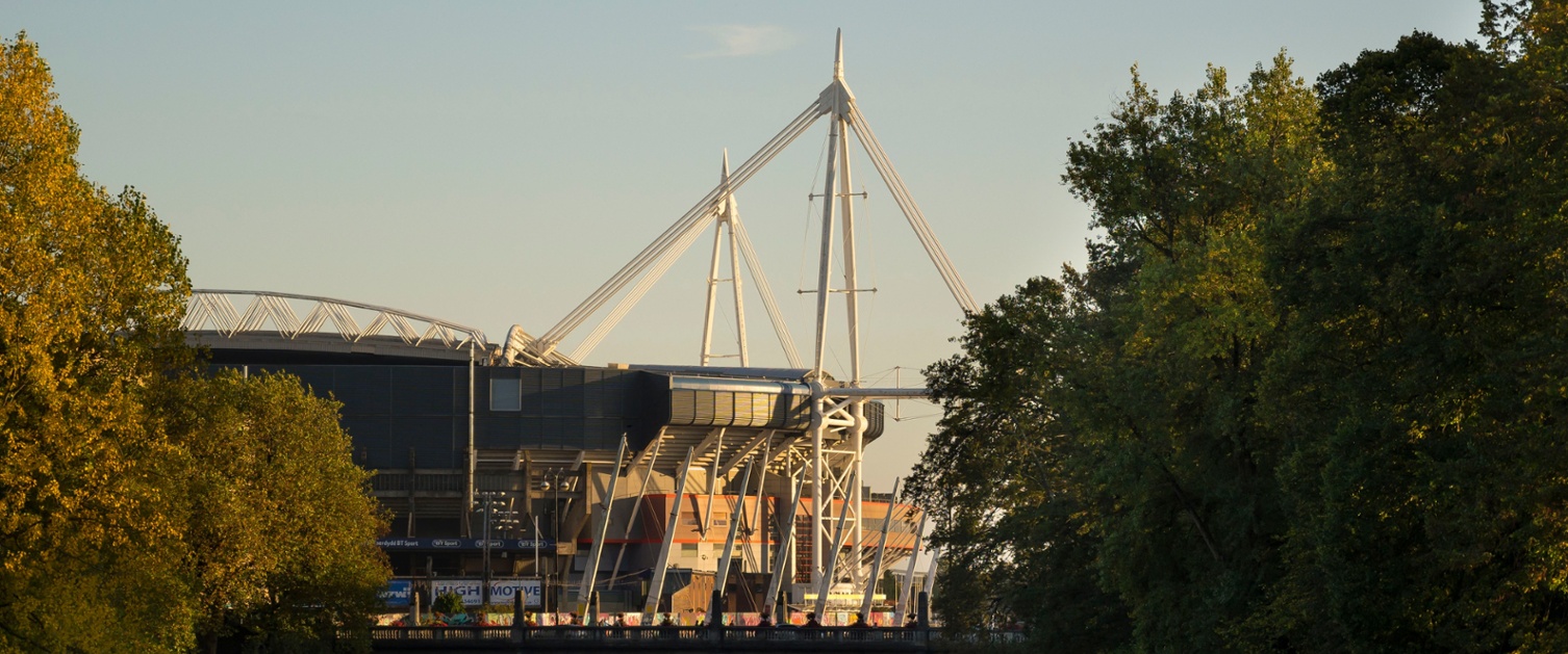 Photo of the Principality Stadium in Cardiff at sunset.