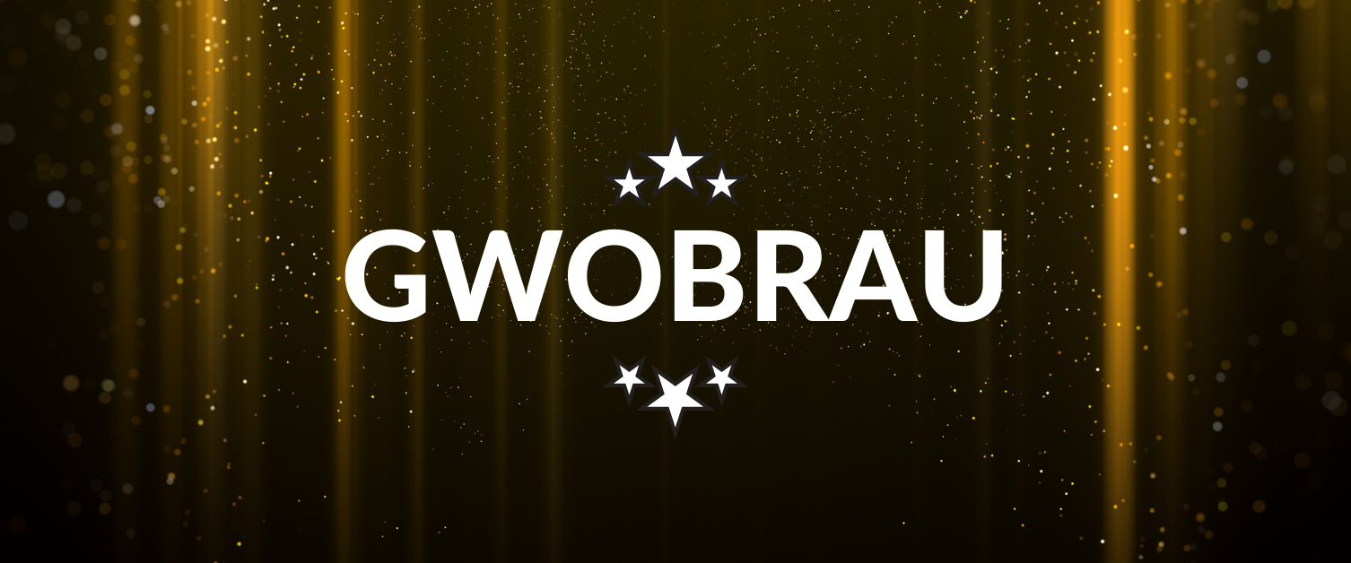 The word Gwobrau with a glittery gold background behind it