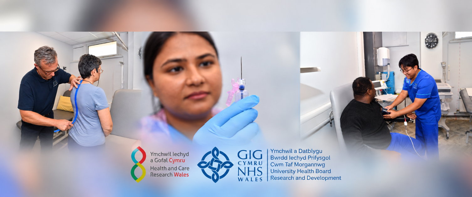 Healthcare Staff working and the HCRW & CTM UHB Logos Underneath