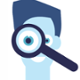 blue cartoon head with magnifying glass over the eye