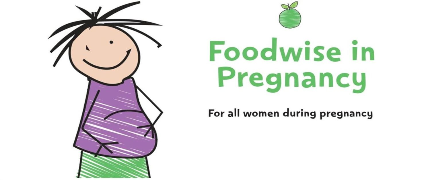Cartoon drawing of pregnant woman, with Foodwise in Pregnancy text in both English and Welsh
