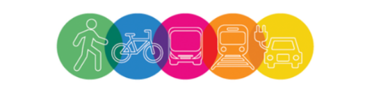 Circular icons of person walking, bike, bus, train and electric car