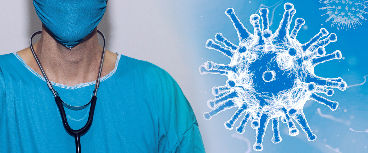 Doctor wearing mask with image of germ beside him