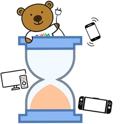 PIPYN Bear inside hourglass with electronic devices around it