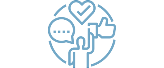 Icon of love heart with tick, thumbs up, and person talking