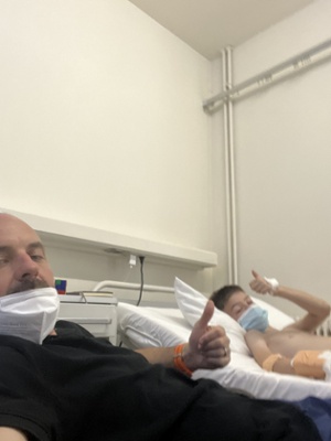 Luc and his father during his hospital stay in Athens.