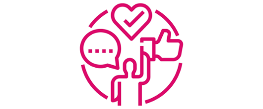 Icons of love heart, thumbs up, person waving and speech bubble