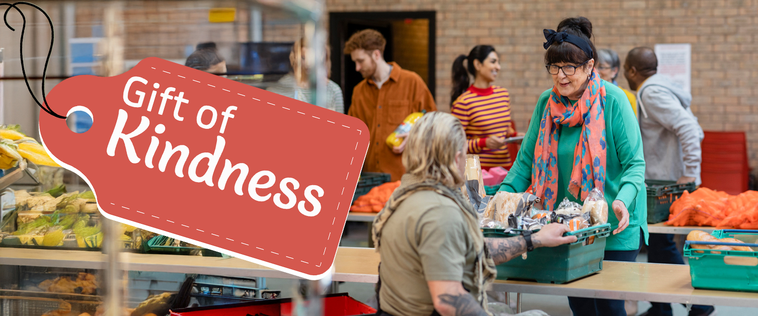 Gift of Kindness Banner - Woman gifting food to another person