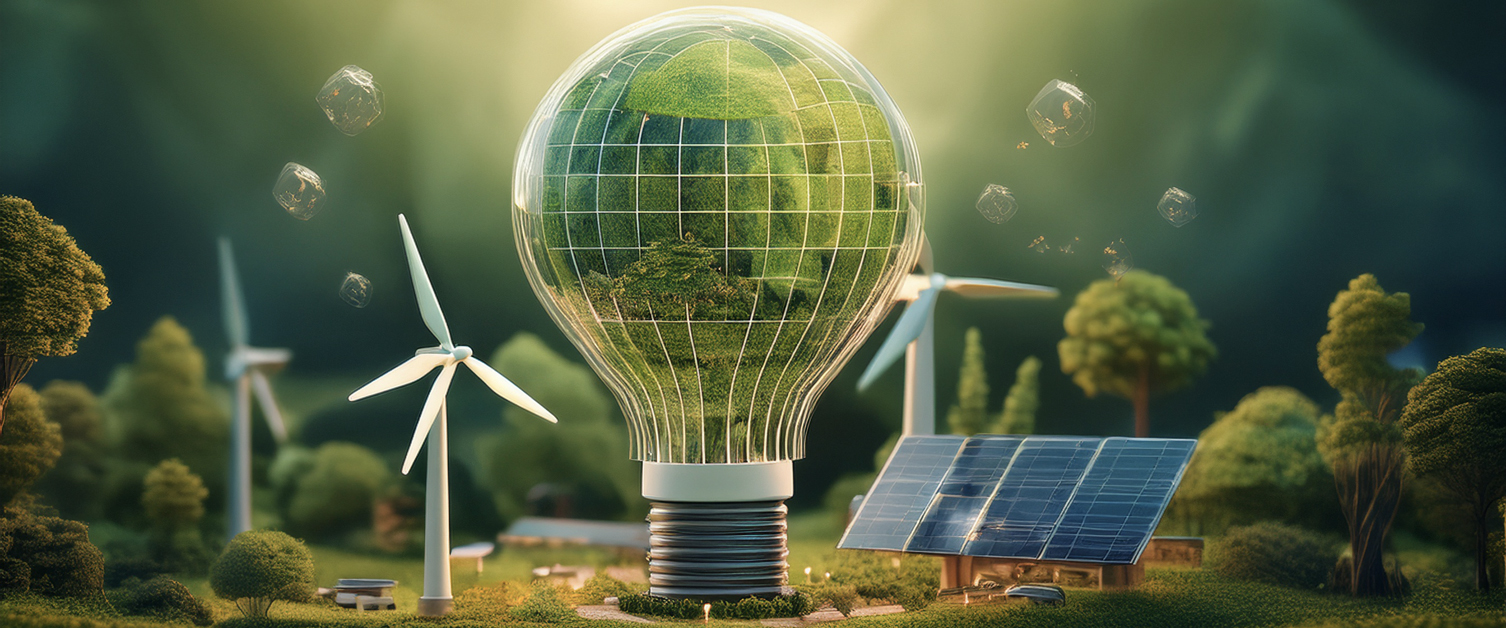 lightbulb full of trees, windmills & solar panels