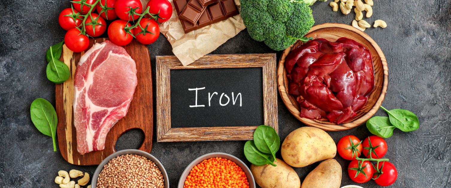 Iron on chalkboard with food surrounding it