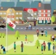 many people in a park outside a row of houses