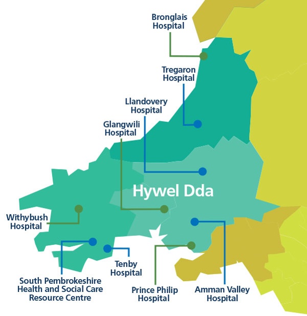 Map showing the Hywel Dda region and current hospitals