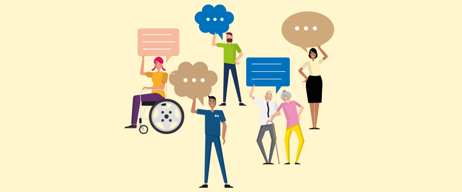A group of illustrated staff and patients hold speech bubbles