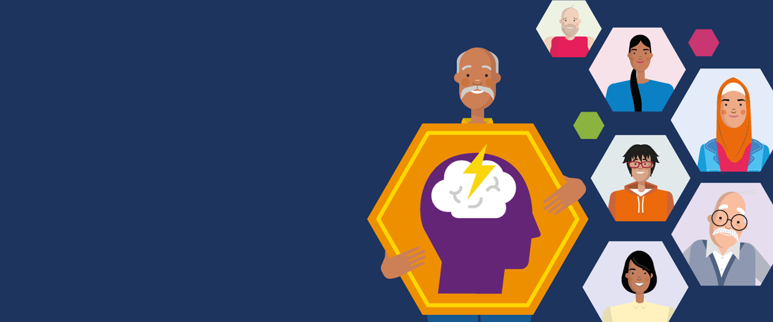 Illustration of man holding a symbol of a brain
