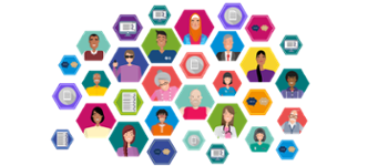 Coloured hexagons with graphical drawings of people from different backgrounds