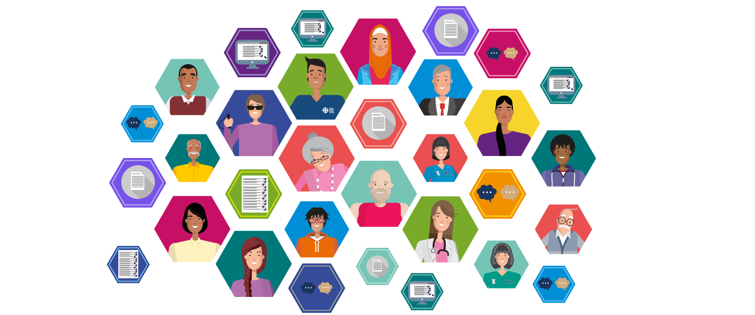 Coloured hexagons with graphical drawings of people from different backgrounds