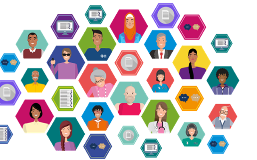 Coloured hexagons with graphical drawings of people from different backgrounds