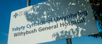 Signpost with the name of Withybush Hospital written on it
