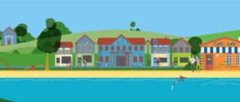 illustration - Coastal village scene with various buildings