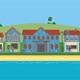 illustration - Coastal village scene with various buildings