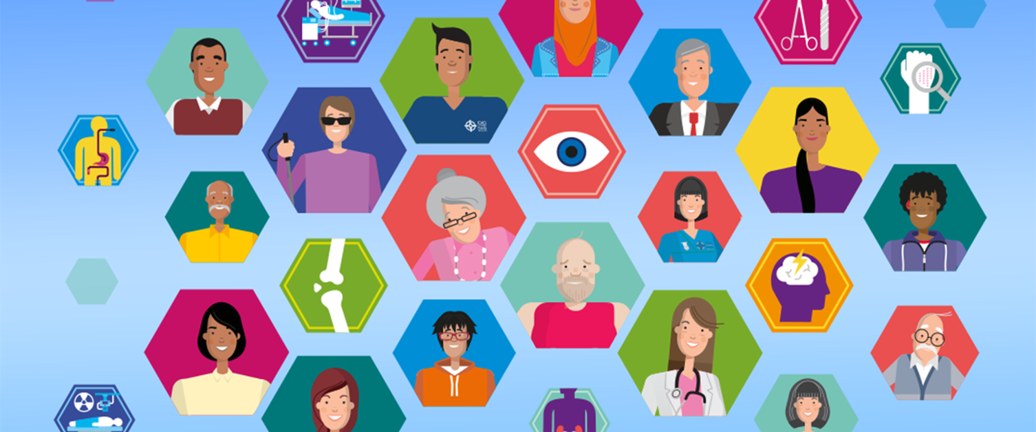 people and hexagons on a blue background