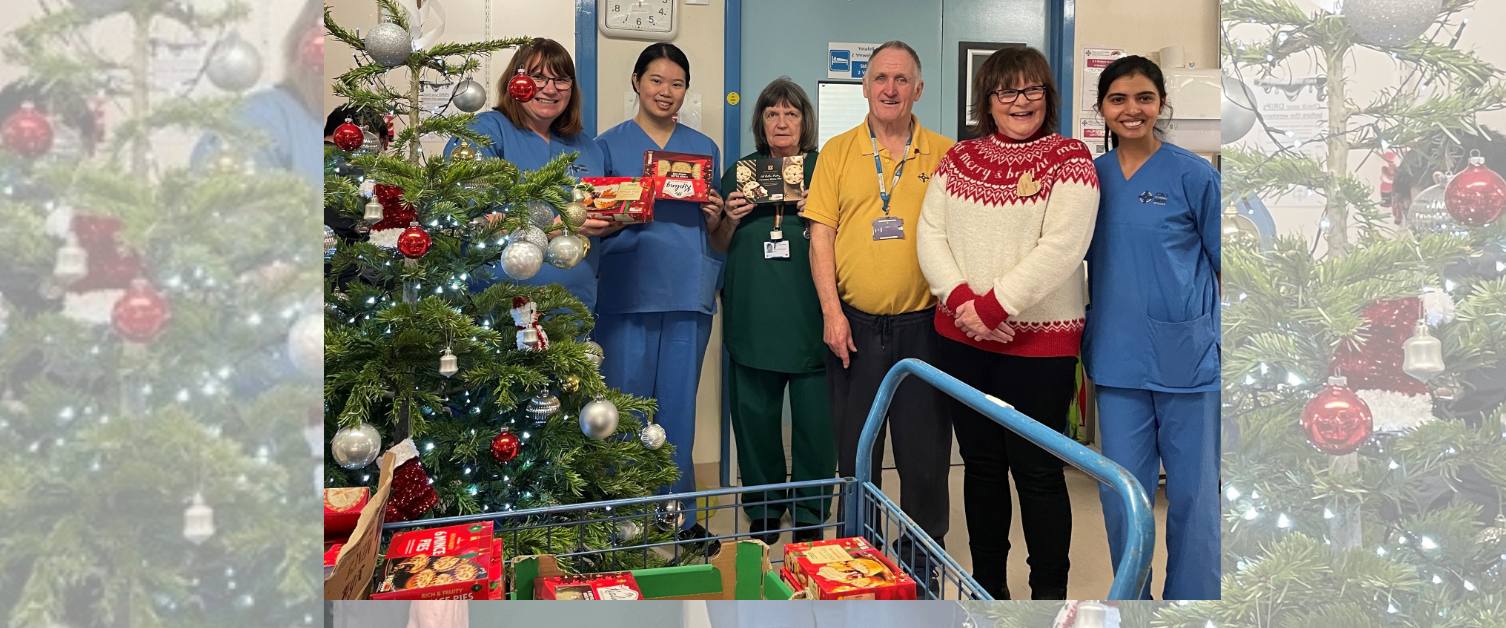 Group of nurses and volunteers standing next to Christmas tree with boxes of mince pies