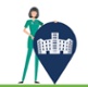 nurse holding a pin icon showing a new hospital building 