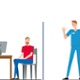 A patient is attending an appointment and talking with a member of staff. Three medical professionals are waving.