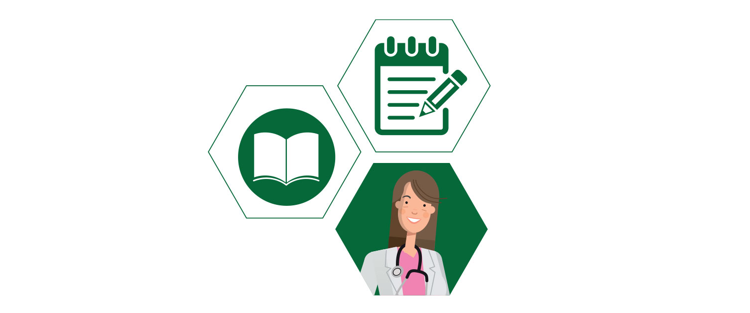 three icons showing a female doctor, a notepad and a book
