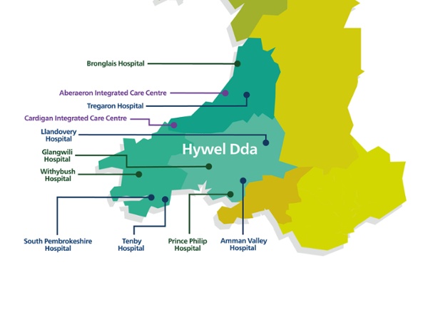 A map of the hospitals in Hywel Dda