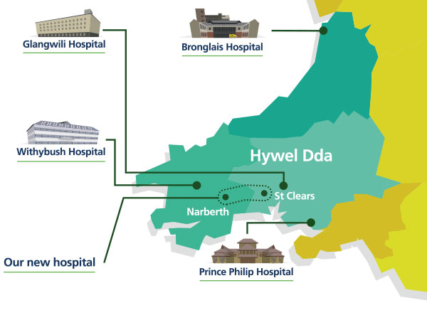 Map showing current main hospitals and new hospital zone