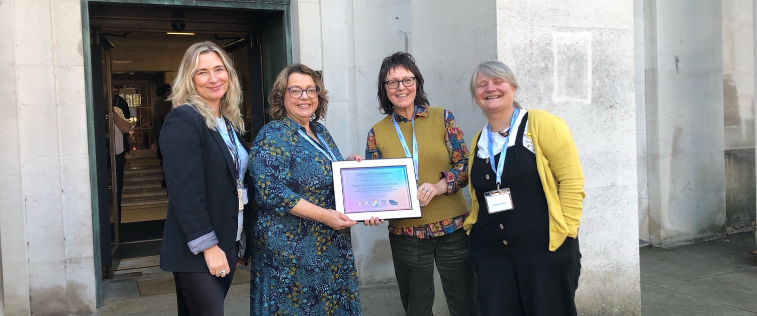 From left to right – Members of their team collect their award - Tricia Roberts (Clinical Nurse Specialist Adult ADHD Service); Wendy Thomas - Head of National Neuro-divergence team in Wales; Catherine Vaughan - Service Delivery Manager Neuro-Developmenta