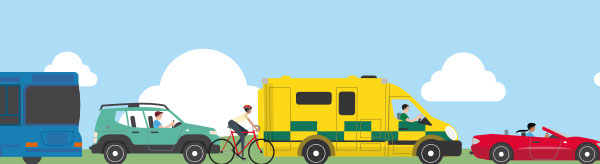 Ambulance, bus and cars 