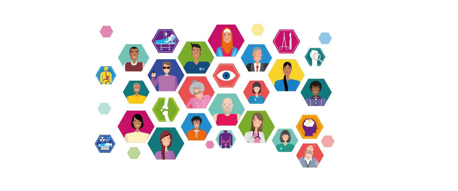 Hexagon shapes contain people and clinical service icons.