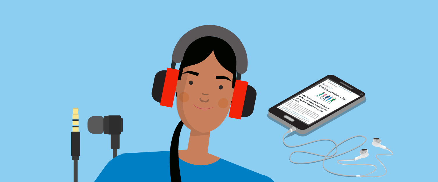A lady wears headphones listening to a document reading.